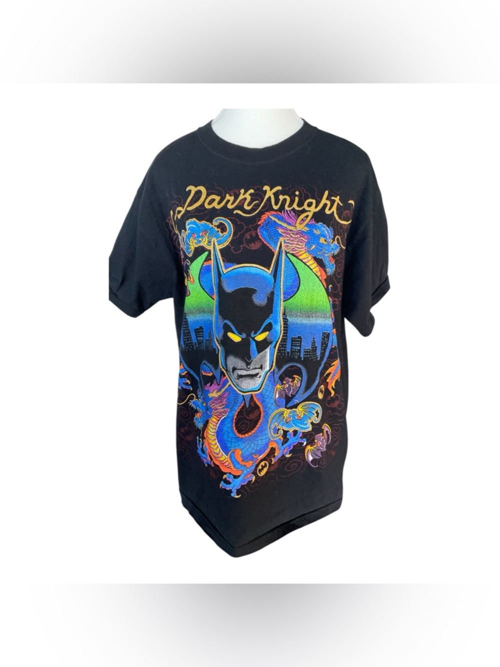 Batman Dark Knight Graphic Tee Dragons Neon DC Comics Shirt Size L